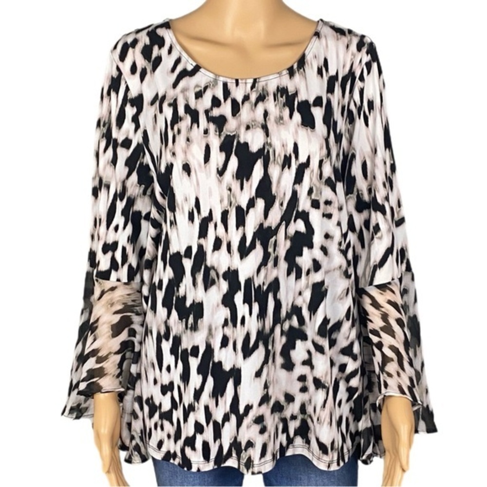 CALVIN KLEIN abstract animal print tunic blouse with flounce sleeves Size XL EUC